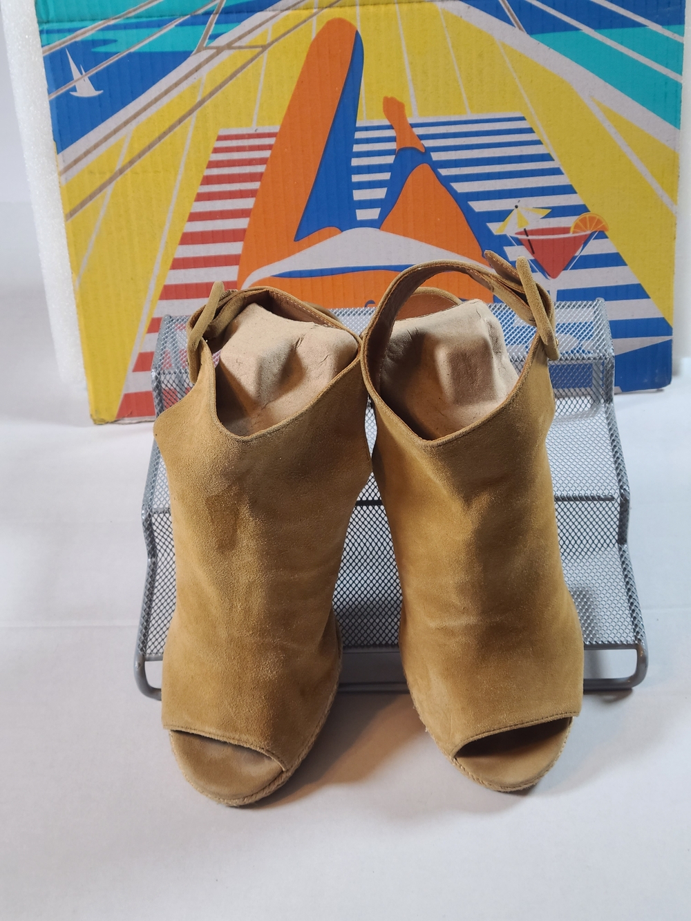 Tory Burch Camel Suede Peep-Toe Wedge with Ankle Strap Beautiful Womens 8 1/2 - Picture 2 of 11